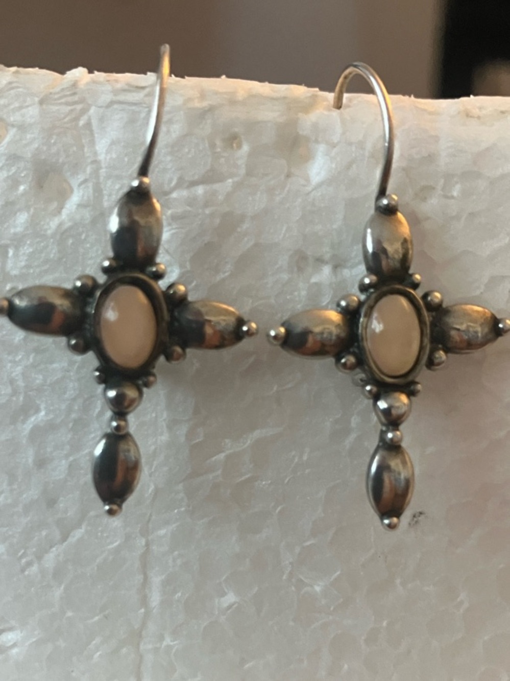 Sterling Silver Cross Drop Earrings with Rose Quartz